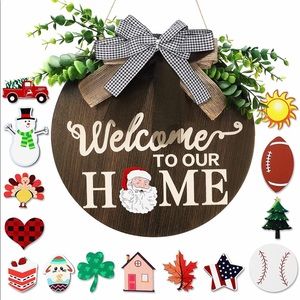 Welcome Sign Decor Front Door Round Wood Sign Interchangeable Welcome Home Sign